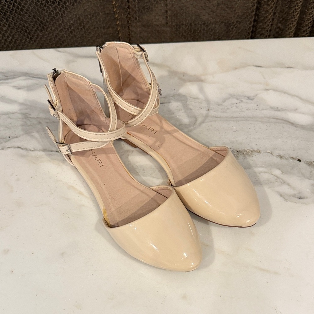 Tahari Beige Patent Ankle Strap Flats